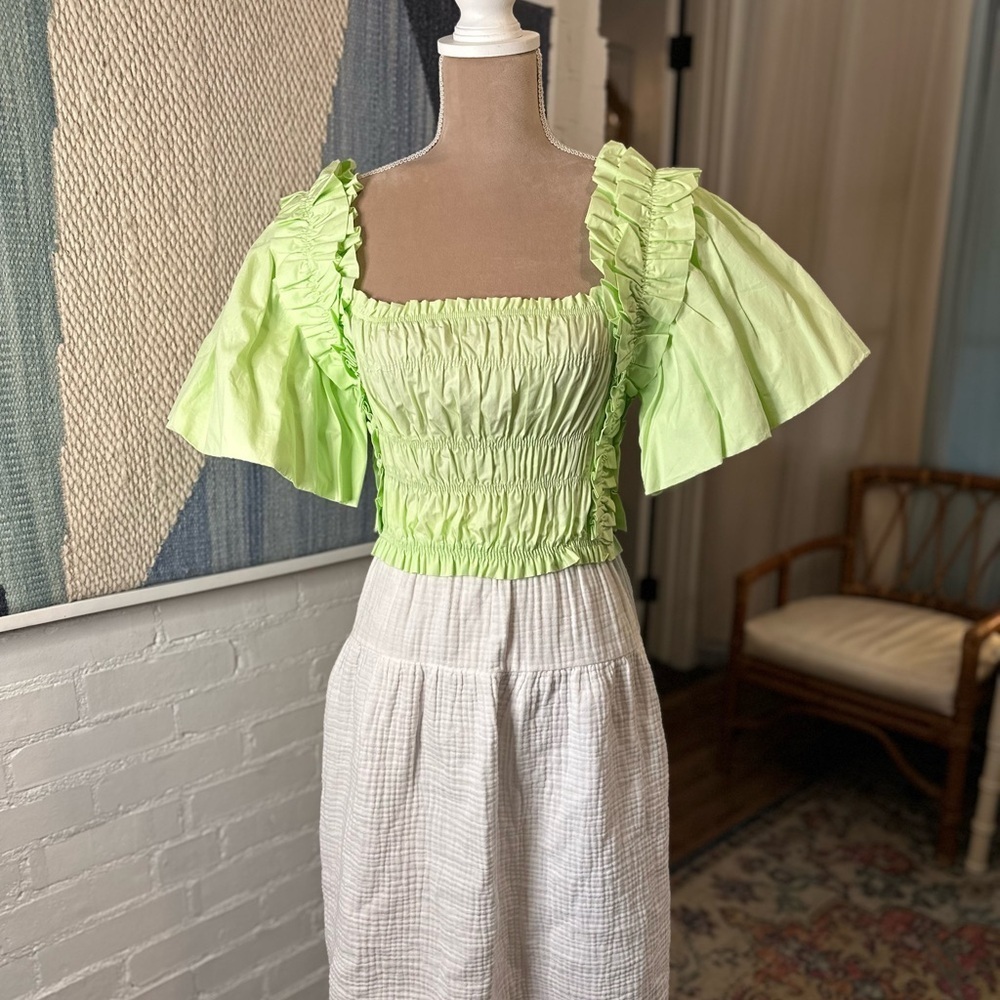 Zara Green Ruffle Statement Sleeve Ruched Blouse - Picture 2 of 8